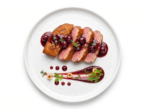 Top View of Sliced Duck Breast with Cherry Sauce and Hazelnut Garnish