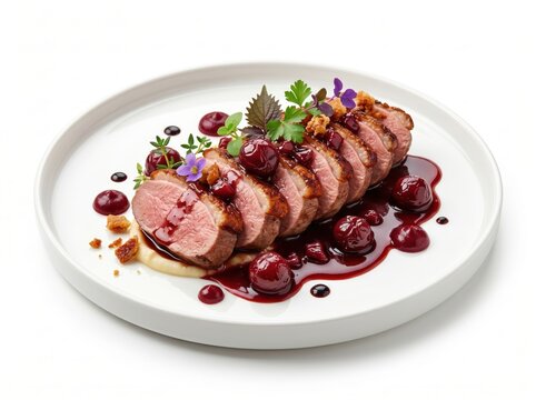 Elegant Duck Breast with Cherry Sauce, Edible Flowers and Berry Coulis