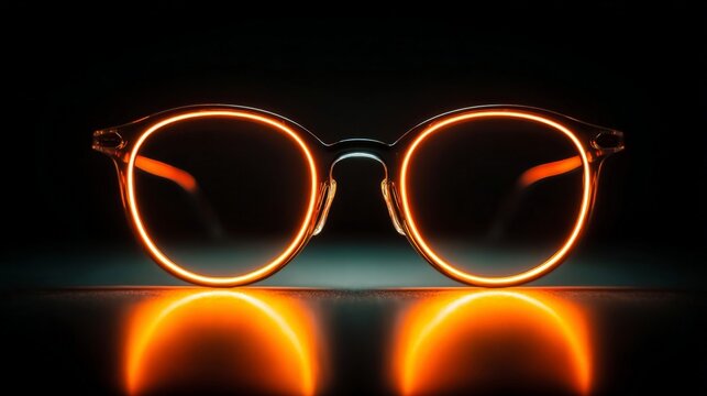 Silhouette of glasses with glowing orange rim light against a dark background, creating a futuristic and stylish visual effect.