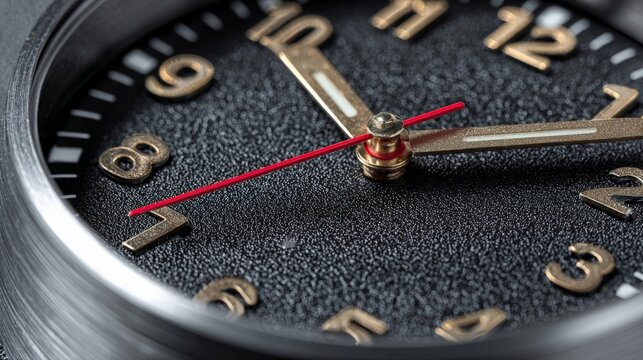 Close-up of a luxury analog clock face with metallic hands and a textured black dial, emphasizing precision and craftsmanship.