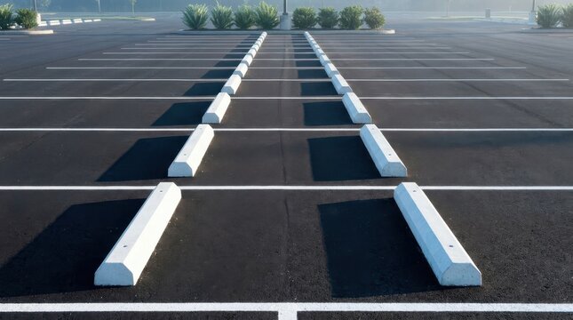 Symmetrical pattern of white concrete parking dividers and white lines on asphalt surface