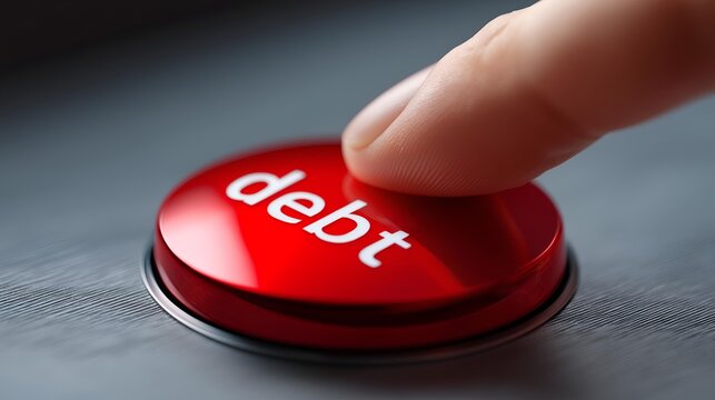 A close-up of a person's finger about to press a red button labeled 'debt,' symbolizing financial decisions and the urgency of managing debt responsibly.