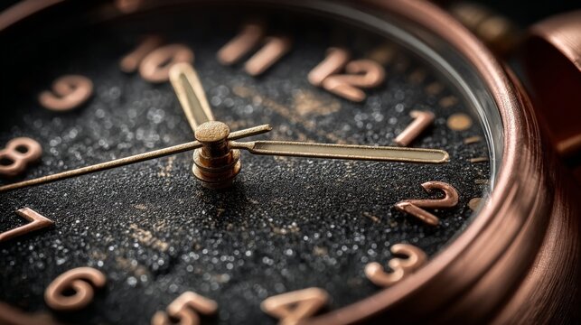 A macro view of an antique alarm clock face with metallic hands and textured black dial, showcasing intricate details and warm lighting.