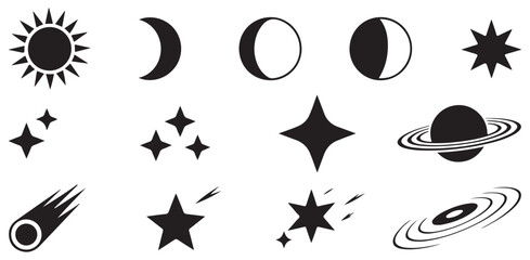 Set of celestial body icons sun moon phases stars shooting star planet and galaxy for astronomy and space themes. © MdSamsul