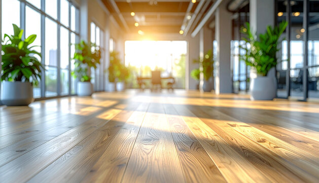 Empty modern open plan office interior with wooden floor at sunset