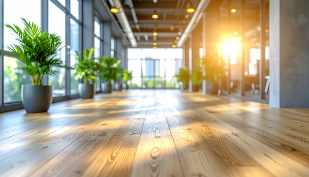 Empty modern open plan office interior with wooden floor at sunset