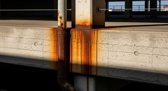 Orange rust stains bleeding from metal fixtures onto concrete surfaces, showcasing industrial decay and weathering patterns.