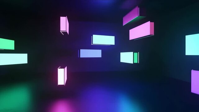 Abstract digital art space with illuminated rectangular panels in vibrant colors. creating a modern and immersive atmosphere for creative inspiration