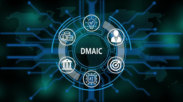  &ldquo;DMAIC, Artificial Intelligence, and Global Business Network Technology Concept&rdquo;. Digital circuit board on world background. Representing artificial intelligence, and future technology