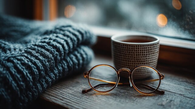 A cozy still life with glasses, a steaming cup of tea, and a knitted sweater on a wooden surface near a window.