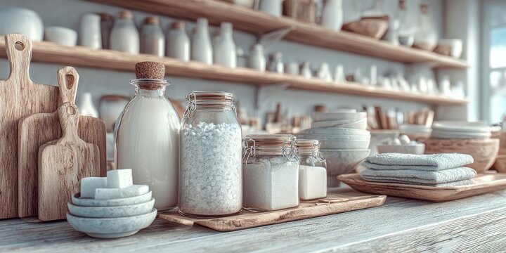A serene and organized kitchen workspace with wooden shelves, glass jars, and ceramic bowls bathed in soft natural light, evoking calm and minimalist elegance.