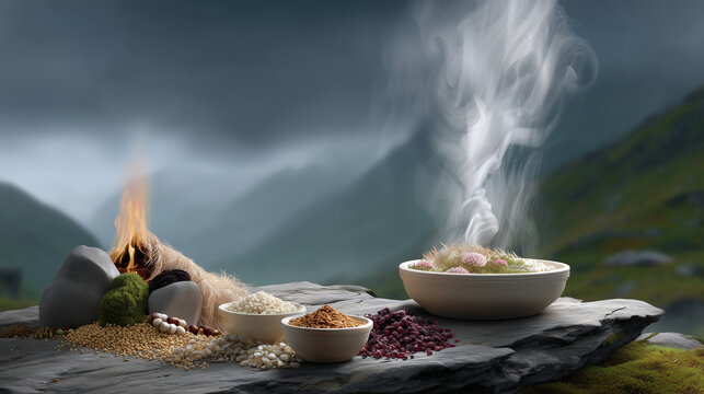 Pachamama Raymi festival celebrates traditional Andean food offerings on mountain stone table