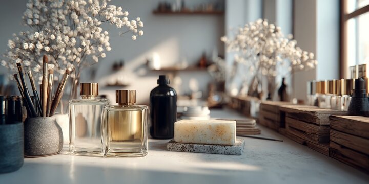 A serene and minimalist workspace with perfumes, brushes, and dried flowers arranged in soft natural light, evoking calm and creative inspiration.