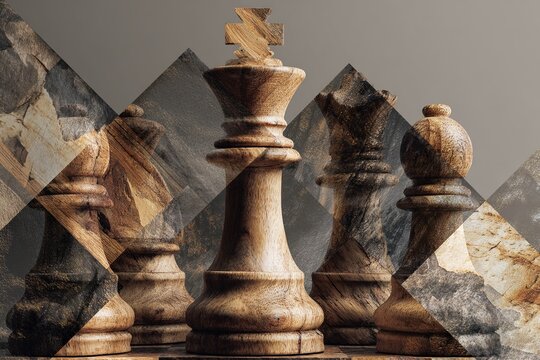 Wooden chess pieces arranged on a textured surface with a blurred background, featuring a prominent king piece in the foreground and a strategic layout of pawns and rooks