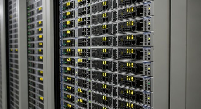 Rows of Identical Network Switches Aligned Neatly in a Data Center, Showcasing Technology Infrastructure