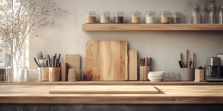 A serene and organized kitchen workspace with natural light, wooden surfaces, and minimalist decor creating a calm and inviting atmosphere.