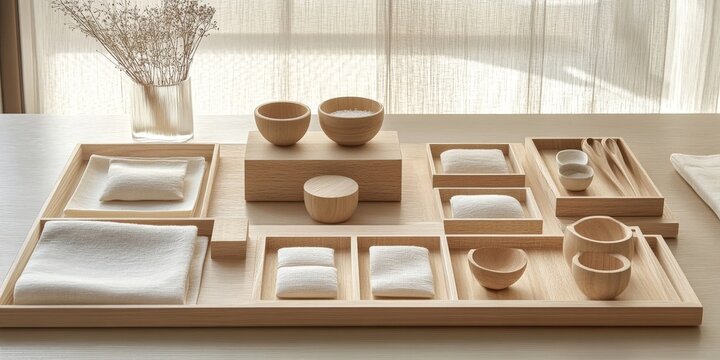 A serene minimalist workspace with neatly arranged wooden trays, bowls, and textiles, bathed in soft natural light for a calm and harmonious atmosphere.