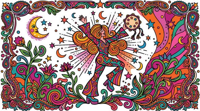 Psychedelic dancer illustration with celestial and floral elements