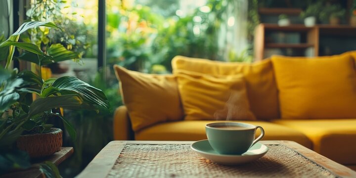 A cozy living room scene featuring a steaming cup of coffee on a wooden table, surrounded by lush green plants and a vibrant yellow sofa bathed in warm natural light.