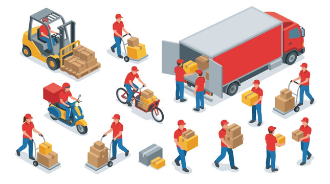 Isometric illustration of workers loading and unloading packages from a truck with various logistics equipment