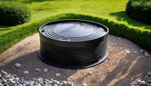 black septic tank cover sits amid green lawn pebbles circular lid protects underground system landscape design integrates utility access proper sanitation ensures clean water eco friendly waste