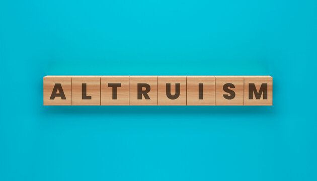 Altruism Block Puzzle: A vibrant shot of wooden blocks spelling out the word altruism against a solid blue backdrop. The arrangement evokes themes of compassion and selflessness.
