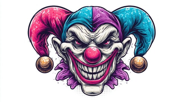 Terrifying clown with a menacing grin and bright, unsettling eyes, wearing a jester hat