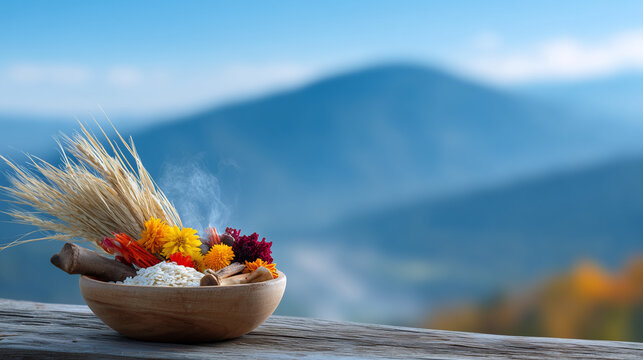 Pachamama Raymi celebrates harvest with bowl of grains and colorful flowers on wooden table overlooking mountains