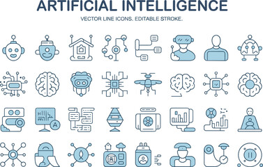 Naklejka premium Artificial Intelligence Vector Line Icons Set with Robotics Virtual Reality and Smart Technology Concepts