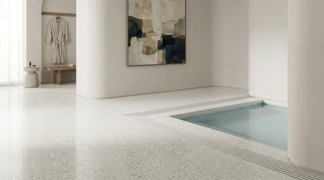 Pearlescent White Terrazzo Flooring Adorns a Modern Interior with a Swimming Pool and Abstract Art