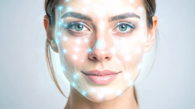 A woman with a digital biometric facial recognition grid overlay on her face