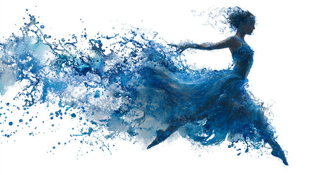 Woman dance in blue water dress dissolving in splash isolated on white background