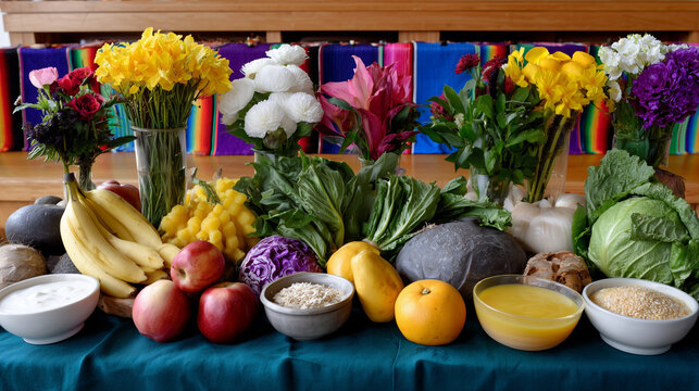 Pachamama Raymi celebration with vibrant flowers and fresh produce on display