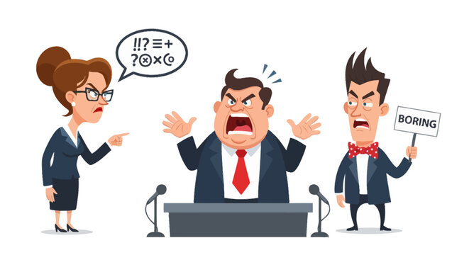 Businessman speaking at a podium loudly.