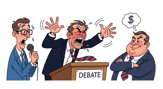 Cartoon politicians arguing at debate podium.