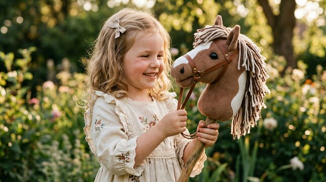 Happy child girl playing with stick horse in summer field. Little girl riding cardboard horse toy outdoors. Childhood imagination, rural lifestyle, games and active recreation concept.