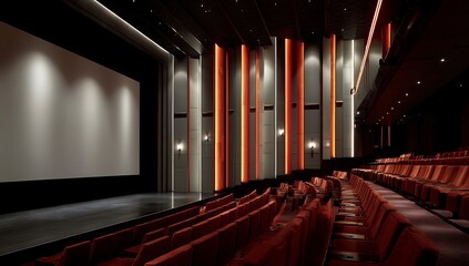 Naklejka premium Modern Cinema Auditorium with Rows of Red Seats and Illuminated Walls.