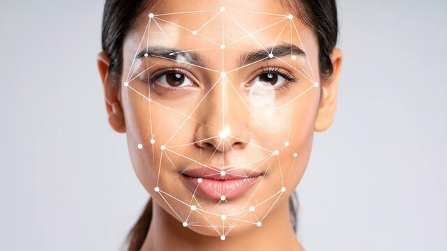 A young woman with digital facial recognition points mapped on her skin
