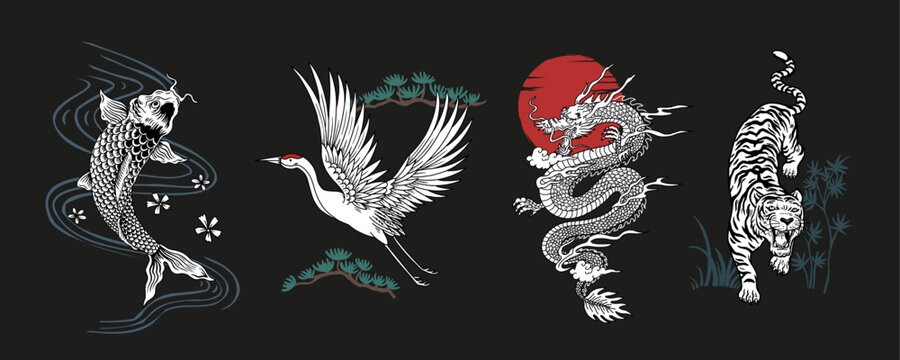 Japanese-inspired mythical creature vector set with dragon, tiger, and crane illustrations. Detailed oriental artwork perfect for apparel, tattoos and posters.