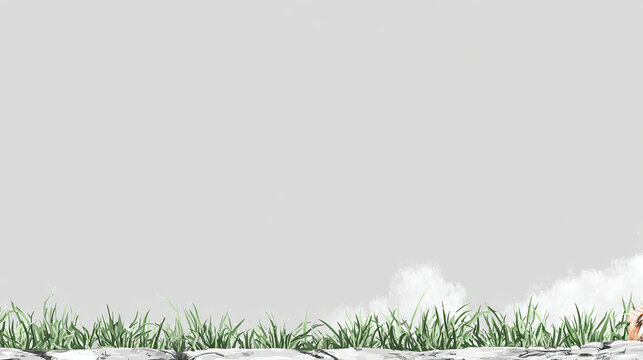 Watercolor Grass Border on Stone Wall Serene Nature Illustration.