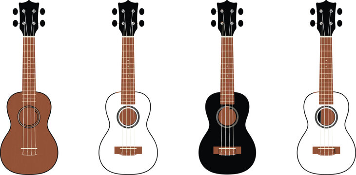 Ukulele Instrument Vector Set Featuring Different Colors and Flat Design Styles for Musical Performance Illustration, Hawaii Culture Concepts, and Professional Acoustic Guitar Graphics