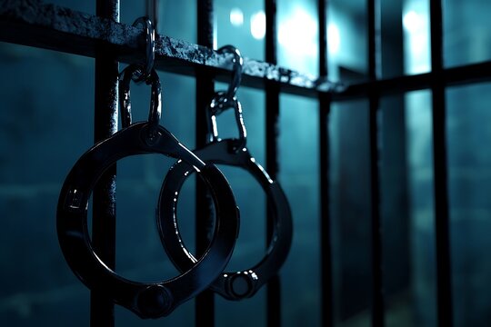 Steel handcuffs hanging from prison bars in a dimly lit jail cell representing incarceration and justice