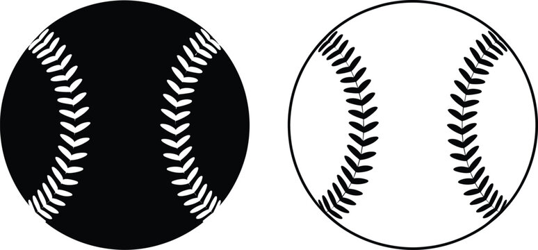 Baseball and Softball Icon Set Featuring Black Silhouette and Outline Vector Designs with Realistic Stitching Details for Sports Branding, Team Logos, and League Equipment Graphics