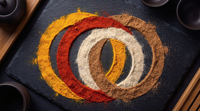 Colorful ground spices arranged in circles on dark slate stone