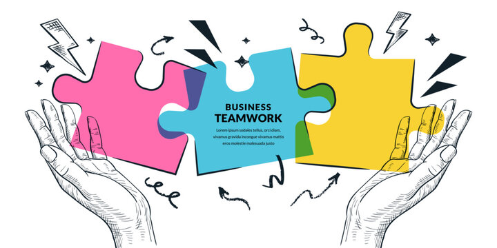 Vector sketch collage. Hands holding colorful puzzle pieces. Concept of business teamwork, cooperation, partnership