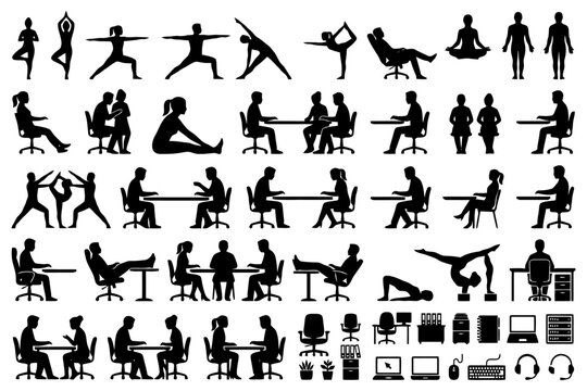 Silhouette collection of yoga poses and office activities.