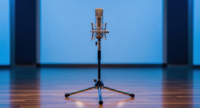 Gleaming silver condenser microphone on adjustable studio stand ready for recording