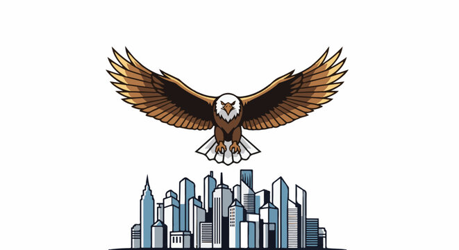 Majestic eagle soars above a stylized cityscape, wings spread wide in triumphant flight