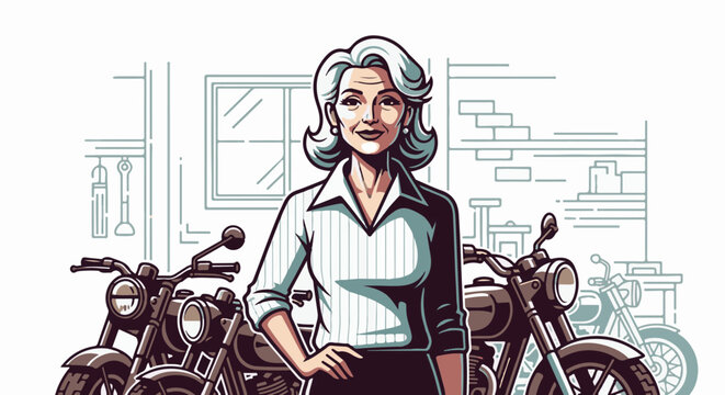 Stylish woman with white hair in a collared shirt and skirt poses with motorcycles