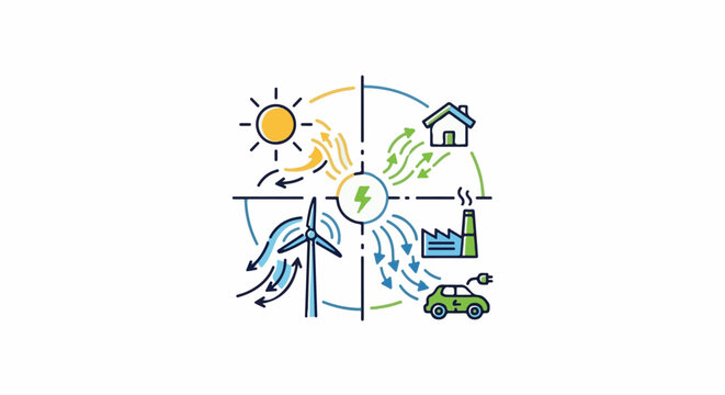 Renewable energy sources powering homes, industries, and vehicles, circulating energy